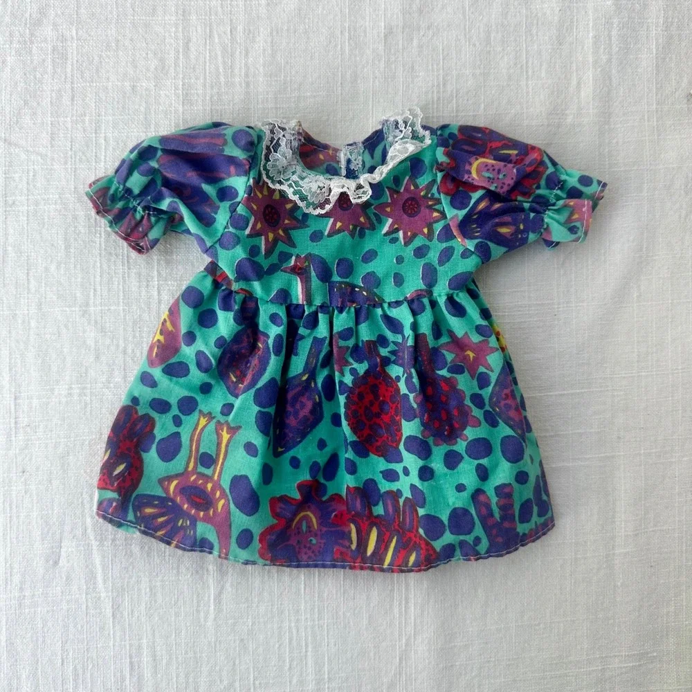 Vintage 1990s Handmade Doll Dress Teal Purple Novelty Print Lace Collar 7 Inch
